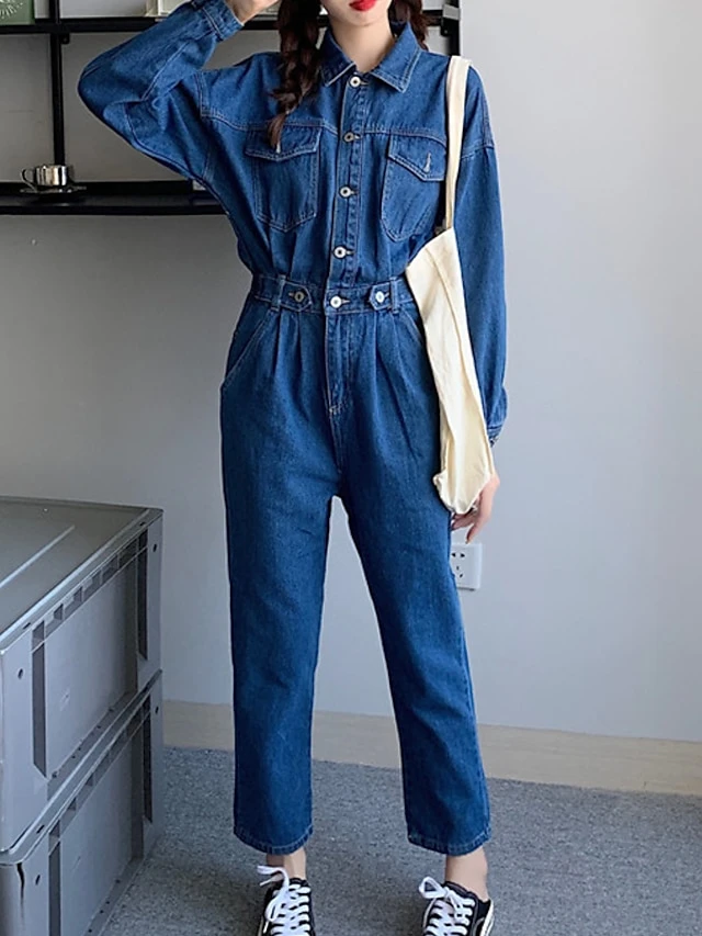 Women's Jumpsuit Button High Waist Solid Color Shirt Collar Streetwear Street Going Out Regular Fit Long Sleeve Blue S M L Winter 5 Women's Jumpsuit Button High Waist Solid Color Shirt Collar Streetwear Street Going Out Regular Fit Long Sleeve Blue S M L Winter - Image 5
