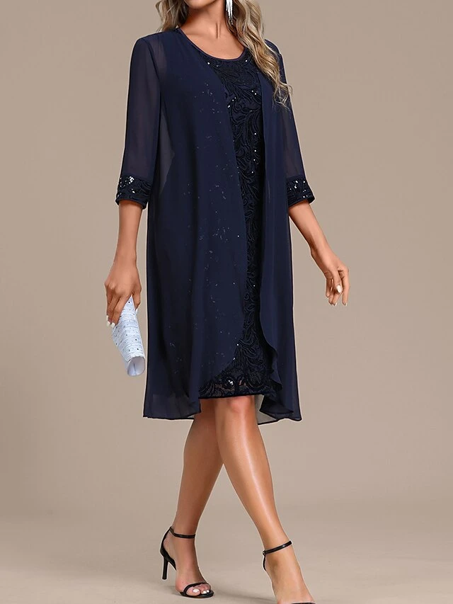 Women's Two Piece Dress Set Lace Dress Daily Vacation Fashion Mature Mesh Sequin Midi Dress Crew Neck Long Sleeve Plain Regular Fit Navy Blue Spring Fall S M L XL XXL 2 Women's Two Piece Dress Set Lace Dress Daily Vacation Fashion Mature Mesh Sequin Midi Dress Crew Neck Long Sleeve Plain Regular Fit Navy Blue Spring Fall S M L XL XXL - Image 2