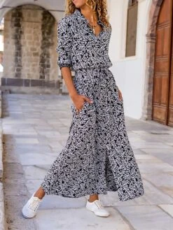 Women's Shirt Dress Casual Dress Midi Dress Outdoor Daily Vacation Polyester Fashion Modern Shirt Collar Pocket Split 3/4 Length Sleeve Summer Spring Fall 2023 Loose Fit Black Floral S M L XL 2XL