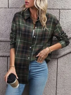 Women's Blouse Shacket Green Plaid Button Print Long Sleeve Casual Fashion Shirt Collar Regular Fit Spring &Fall