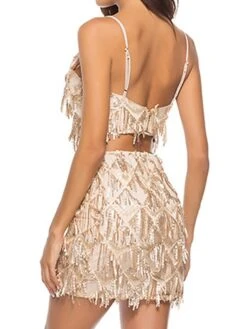 Women's Two Piece Dress Set Party Dress Skirt Set Party Cocktail Party Fashion Party Tassel Fringe Backless Mini Dress Strap Sleeveless Plain Slim Champagne Gold Spring Fall S M L XL -Cheap Plus Fit Dress Store daczqc1692935662953