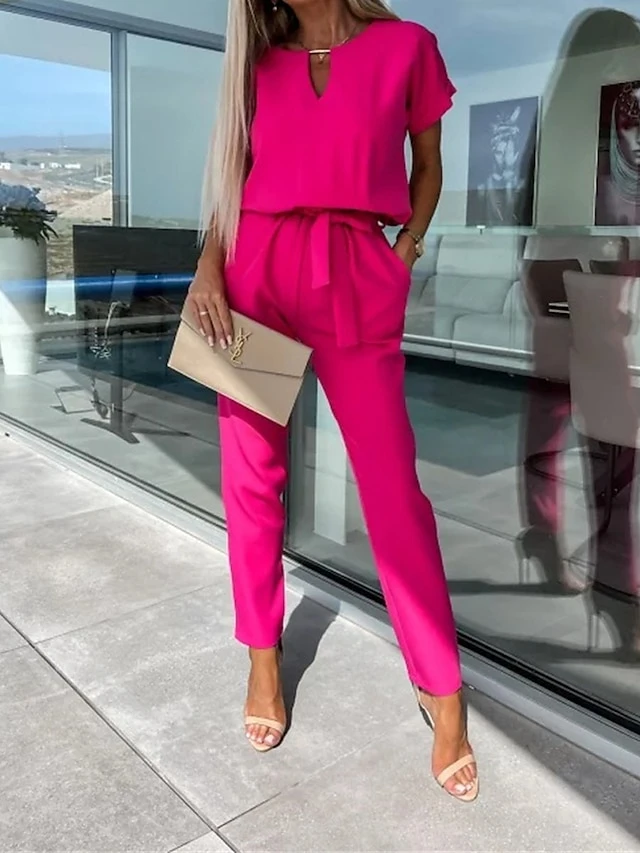 Women's Jumpsuits Casual Summer Lace Up High Waist Solid Color Crew Neck Business Office Work Loose Fit Short Sleeve Black Pink Fuchsia S M L 19 Women's Jumpsuits Casual Summer Lace Up High Waist Solid Color Crew Neck Business Office Work Loose Fit Short Sleeve Black Pink Fuchsia S M L - Image 19