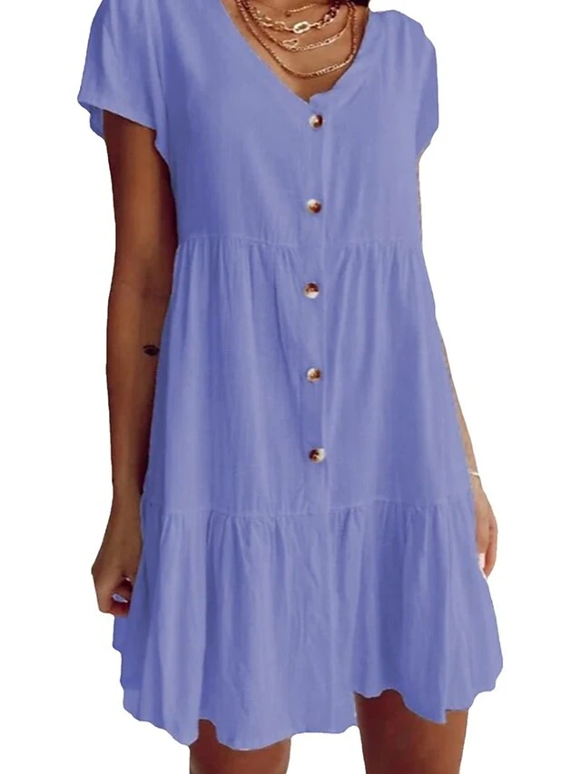 Women's Casual Dress Cotton Linen Dress Swing Dress Mini Dress Cotton Blend Basic Classic Outdoor Daily Vacation V Neck Ruched Button Short Sleeve Summer Spring 2023 Regular Fit White Blue Purple 4 Women's Casual Dress Cotton Linen Dress Swing Dress Mini Dress Cotton Blend Basic Classic Outdoor Daily Vacation V Neck Ruched Button Short Sleeve Summer Spring 2023 Regular Fit White Blue Purple - Image 4