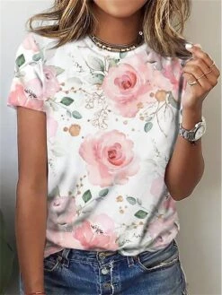 Women's T Shirt Tee Yellow Pink Blue Floral Print Short Sleeve Holiday Weekend Fashion Basic Elegant Round Neck Regular Fit Floral Painting