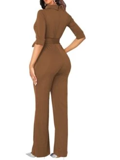 Women's Jumpsuit Solid Color Stand Collar Basic Office Street Regular Fit 3/4 Length Sleeve Wine Army Green Brown S M L Spring -Cheap Plus Fit Dress Store dauuto1640254127951