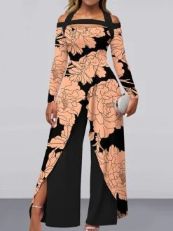 Women's Jumpsuit Maillard Print Floral Off Shoulder Elegant Party Wide Leg Regular Fit Long Sleeve White Pink Red S M L All Seasons