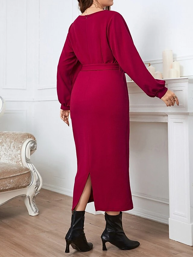 Women‘s Plus Size Curve Work Dress Sheath Dress Semi Formal Dress Fashion Midi Dress Lace Up Split V Neck Long Sleeve Plain Regular Fit Wine Spring Fall XL XXL 3XL 4XL 2 Women‘s Plus Size Curve Work Dress Sheath Dress Semi Formal Dress Fashion Midi Dress Lace Up Split V Neck Long Sleeve Plain Regular Fit Wine Spring Fall XL XXL 3XL 4XL - Image 2
