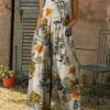 One Piece Jumpsuits For Women Pocket High Waist Floral Square Neck Business Office Work Regular Fit Spaghetti Strap White S M L Summer