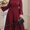 Women's Plus Size Prom Dress Party Dress Wedding Guest Dress Long Dress Maxi Dress Wine Long Sleeve Pure Color Ruched Fall Winter Autumn Crew Neck Fashion Winter Dress Wedding Guest Evening Party