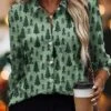 Women's Blouse Christmas Shirt Blue Purple Green Christmas Tree Button Print Long Sleeve Christmas Casual Festival / Holiday Shirt Collar Regular Fit Spring &Fall