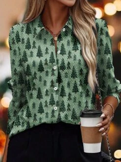 Women's Blouse Christmas Shirt Blue Purple Green Christmas Tree Button Print Long Sleeve Christmas Casual Festival / Holiday Shirt Collar Regular Fit Spring &Fall