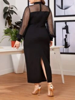 Women‘s Plus Size Curve Work Dress Sheath Dress Black Dress Fashion Mesh Sleeve Long Dress Maxi Dress Mesh Stand Collar Long Sleeve Plain Regular Fit Black Spring Fall L XL XXL 3XL 4XL -Cheap Plus Fit Dress Store dbxbvo1692089936468