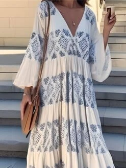 Women's Casual Dress Cotton Linen Dress Swing Dress Maxi Long Dress Polyester Fashion Modern Outdoor Daily Vacation V Neck Print 3/4 Length Sleeve Summer Spring Fall 2023 Loose Fit White Blue -Cheap Plus Fit Dress Store dcbvnj1690881233862