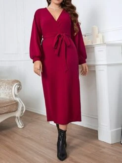 Women‘s Plus Size Curve Work Dress Sheath Dress Semi Formal Dress Fashion Midi Dress Lace Up Split V Neck Long Sleeve Plain Regular Fit Wine Spring Fall XL XXL 3XL 4XL 8 Women‘s Plus Size Curve Work Dress Sheath Dress Semi Formal Dress Fashion Midi Dress Lace Up Split V Neck Long Sleeve Plain Regular Fit Wine Spring Fall XL XXL 3XL 4XL -Cheap Plus Fit Dress Store dcesax1692089854573
