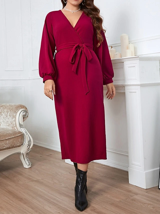 Women‘s Plus Size Curve Work Dress Sheath Dress Semi Formal Dress Fashion Midi Dress Lace Up Split V Neck Long Sleeve Plain Regular Fit Wine Spring Fall XL XXL 3XL 4XL 3 Women‘s Plus Size Curve Work Dress Sheath Dress Semi Formal Dress Fashion Midi Dress Lace Up Split V Neck Long Sleeve Plain Regular Fit Wine Spring Fall XL XXL 3XL 4XL - Image 3