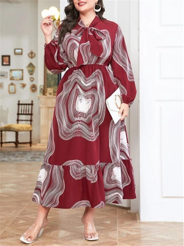 Women's Plus Size Work Dress Swing Dress Semi Formal Dress Fashion Long Dress Maxi Dress Lace Up Print V Neck Long Sleeve Ombre Regular Fit Wine Fall Winter L XL XXL 3XL 4XL 2 Women's Plus Size Work Dress Swing Dress Semi Formal Dress Fashion Long Dress Maxi Dress Lace Up Print V Neck Long Sleeve Ombre Regular Fit Wine Fall Winter L XL XXL 3XL 4XL - Image 2