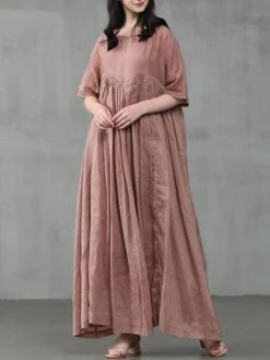 Women's Casual Dress Cotton Linen Dress Swing Dress Long Dress Maxi Dress Black Pink Green Short Sleeve Pure Color Ruched Spring Fall Autumn Crew Neck Elegant Vacation Loose Fit 2022 S M L XL XXL 3XL -Cheap Plus Fit Dress Store dcsqru1629970906987