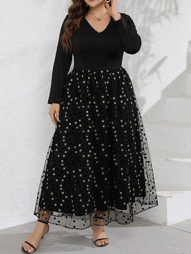 Women‘s Plus Size Curve Party Dress Swing Dress Black Dress Long Dress Maxi Dress Black Long Sleeve Polka Dot Mesh Summer Spring Fall V Neck Fashion Winter Dress Birthday Evening Party 2023 5 Women‘s Plus Size Curve Party Dress Swing Dress Black Dress Long Dress Maxi Dress Black Long Sleeve Polka Dot Mesh Summer Spring Fall V Neck Fashion Winter Dress Birthday Evening Party 2023 - Image 5