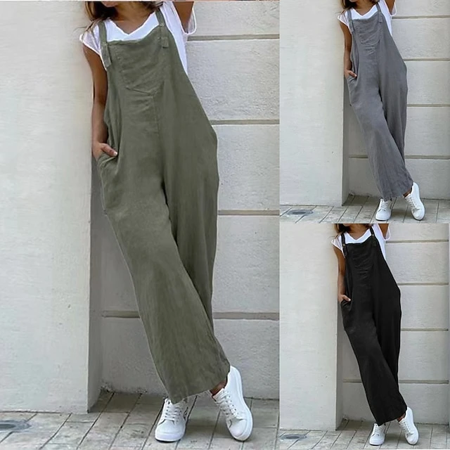 Women's Pants Trousers Overalls Trug Life Dungarees Baggy Faux Linen Black Gray Mid Waist Slouch Daily Weekend Full Length Breathable Plain S M L XL XXL 2 Women's Pants Trousers Overalls Trug Life Dungarees Baggy Faux Linen Black Gray Mid Waist Slouch Daily Weekend Full Length Breathable Plain S M L XL XXL - Image 2