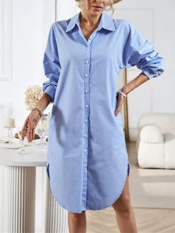 Women's Casual Dress Work Dress Shift Dress Mini Dress Outdoor Office Business Cotton Classic Modern Shirt Collar Button Pocket Long Sleeve Summer Spring Fall 2023 Loose Fit Black White Blue Pure -Cheap Plus Fit Dress Store dduvib1688542178320