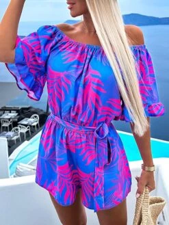 Women's Romper Ruffle Print Floral Off Shoulder Streetwear Street Daily Regular Fit Half Sleeve Red Blue Light Blue S M L Summer Waist Tie -Cheap Plus Fit Dress Store ddvzko1684231082806