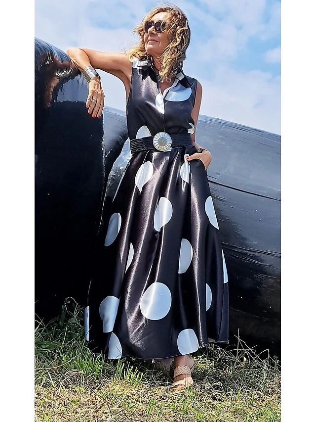 Women's Shirt Dress Casual Dress Swing Dress Maxi Long Dress Outdoor Office Daily Satin Fashion Modern Shirt Collar Button Pocket Sleeveless Summer Spring 2023 Regular Fit Black White Green Polka Dot 10 Women's Shirt Dress Casual Dress Swing Dress Maxi Long Dress Outdoor Office Daily Satin Fashion Modern Shirt Collar Button Pocket Sleeveless Summer Spring 2023 Regular Fit Black White Green Polka Dot - Image 10