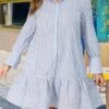 Women's Plus Size Curve Shirt Dress Casual Dress Stripe Midi Dress Long Sleeve Ruffle Button Shirt Collar Fashion Outdoor Light Blue Fall Winter XL XXL 3XL 4XL