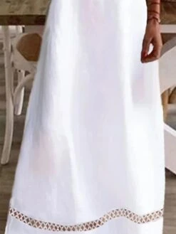Women's Cotton Linen Dress Casual Dress Maxi Long Dress Cotton And Linen Modern Casual Outdoor Vacation V Neck Patchwork Short Sleeve Summer Spring 2023 Regular Fit White Pure Color S M L XL 2XL -Cheap Plus Fit Dress Store dekoas1680774335935