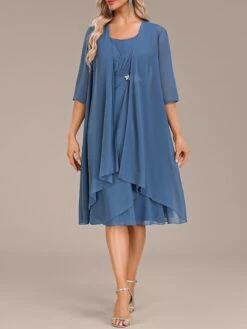 Women's Two Piece Dress Set Party Dress Chiffon Dress Party Wedding Guest Fashion Elegant Ruffle Midi Dress Crew Neck 3/4 Length Sleeve Plain Loose Fit Blue Fall Winter S M L XL XXL -Cheap Plus Fit Dress Store dfamha1696604912158