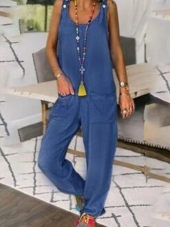 One Piece Jumpsuits For Women Overall Pocket Solid Color Crew Neck Streetwear Home Street Regular Fit Sleeveless Blue S M L Spring