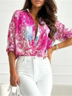 Women's Shirt Blouse Pink Red Blue Graphic Print Print Long Sleeve Work Casual Daily Elegant Neon & Bright Shirt Collar Form Fit Spring Fall -Cheap Plus Fit Dress Store dfhgti1677666264536