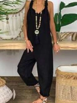 Jumpsuits For Women Overall Pocket Solid Color V Neck Streetwear Street Daily Regular Fit Sleeveless Black Yellow Blue S M L Fall Back To School -Cheap Plus Fit Dress Store dfhkmh1684752216854