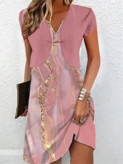 Women's Two Piece Dress Set Casual Dress Print Dress Outdoor Daily Fashion Streetwear Button Print Mini Dress V Neck Short Sleeve Ombre Marble Print Regular Fit Pink Summer Spring S M L XL XXL