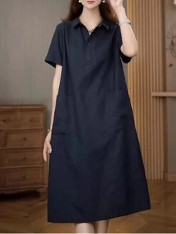 Women's Casual Dress Cotton Linen Dress Midi Dress Polyester Casual Daily Casual Outdoor Home Holiday Shirt Collar Pocket Short Sleeve Summer Spring 2023 Loose Fit Navy Blue Purple Brown Plain M L XL 25 Women's Casual Dress Cotton Linen Dress Midi Dress Polyester Casual Daily Casual Outdoor Home Holiday Shirt Collar Pocket Short Sleeve Summer Spring 2023 Loose Fit Navy Blue Purple Brown Plain M L XL -Cheap Plus Fit Dress Store dfkfhk1689763765277