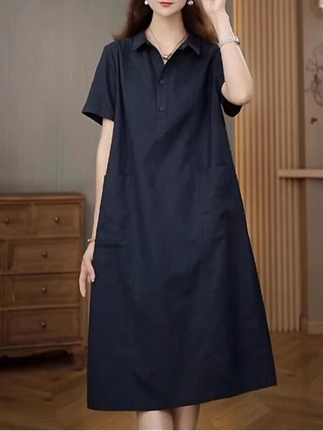 Women's Casual Dress Cotton Linen Dress Midi Dress Polyester Casual Daily Casual Outdoor Home Holiday Shirt Collar Pocket Short Sleeve Summer Spring 2023 Loose Fit Navy Blue Purple Brown Plain M L XL 9 Women's Casual Dress Cotton Linen Dress Midi Dress Polyester Casual Daily Casual Outdoor Home Holiday Shirt Collar Pocket Short Sleeve Summer Spring 2023 Loose Fit Navy Blue Purple Brown Plain M L XL - Image 9