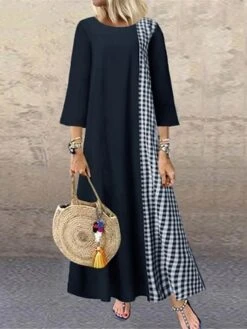 Women's Casual Dress Cotton Linen Dress A Line Dress Maxi Long Dress Cotton Blend Casual Outdoor Daily Crew Neck Print 3/4 Length Sleeve Summer Spring 2023 Loose Fit Black Red Navy Blue Plaid M L XL -Cheap Plus Fit Dress Store dfwzhd1672903675872