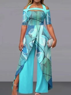 Women's Jumpsuit Print Geometric Off Shoulder Elegant Wedding Party Wide Leg Regular Fit Short Sleeve Light Green Pink Royal Blue S M L Summer