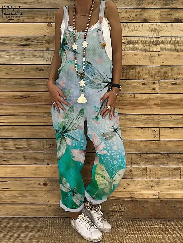 Women's Overall Floral Crew Neck Streetwear Home Dailywear Bootcut Loose Fit Spaghetti Strap Tank White Red Blue S M L Summer 6 Women's Overall Floral Crew Neck Streetwear Home Dailywear Bootcut Loose Fit Spaghetti Strap Tank White Red Blue S M L Summer - Image 6