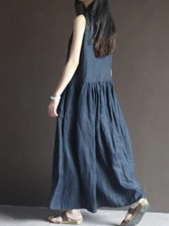 Women's Casual Dress Cotton Linen Dress Swing Dress Maxi Long Dress Cotton Blend Basic Casual Outdoor Vacation V Neck Pocket Sleeveless Summer Spring 2023 Regular Fit Navy Blue Apricot Pure Color M L -Cheap Plus Fit Dress Store dgksco1677135421535