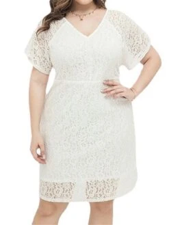 Women's Plus Size Party Dress Lace Dress Cocktail Dress Midi Dress White Short Sleeve Pure Color Lace Spring Fall Winter V Neck Fashion Birthday Wedding Guest Vacation 2023 XL XXL 3XL 4XL -Cheap Plus Fit Dress Store dgmlzk1693535467380