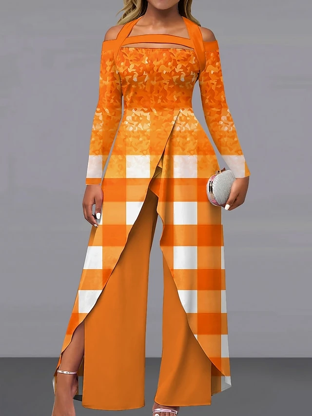 Women's Jumpsuit Print Plaid Off Shoulder Elegant Wedding Party Wide Leg Regular Fit Long Sleeve Light Green Pink Blue S M L All Seasons 1 Women's Jumpsuit Print Plaid Off Shoulder Elegant Wedding Party Wide Leg Regular Fit Long Sleeve Light Green Pink Blue S M L All Seasons