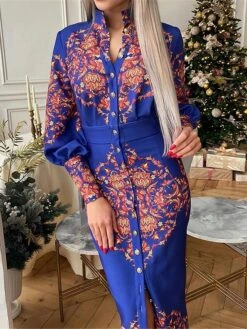 Women's Shirt Dress Casual Dress Bodycon Midi Dress Outdoor Office Daily Polyester Fashion Romantic Stand Collar Button Print Long Sleeve Summer Spring Fall 2023 Slim Blue Khaki Floral S M L XL 2XL -Cheap Plus Fit Dress Store dgodxx1689227623535
