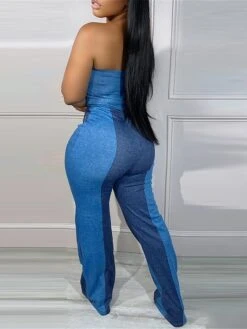 Women‘s Jumpsuit Backless Denim Patchwork Color Block Strapless Streetwear Street Club Regular Fit Sleeveless Blue S M L Summer -Cheap Plus Fit Dress Store dgxdfv1692269095801
