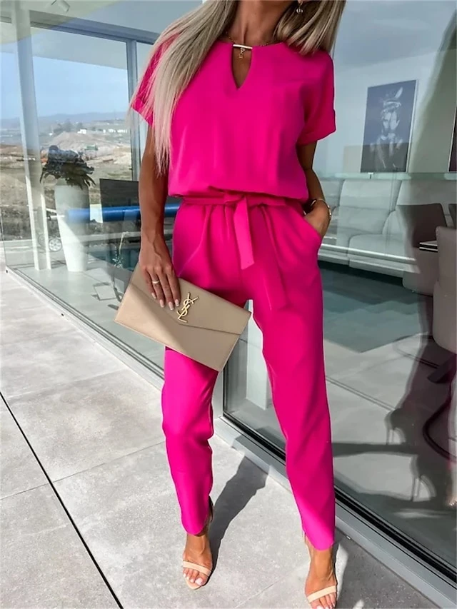 Women's Jumpsuits Casual Summer Lace Up High Waist Solid Color Crew Neck Business Office Work Loose Fit Short Sleeve Black Pink Fuchsia S M L 20 Women's Jumpsuits Casual Summer Lace Up High Waist Solid Color Crew Neck Business Office Work Loose Fit Short Sleeve Black Pink Fuchsia S M L - Image 20