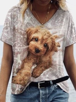 Women's T Shirt Tee Brown Dog Print Short Sleeve Daily Weekend Basic V Neck Regular Fit Painting