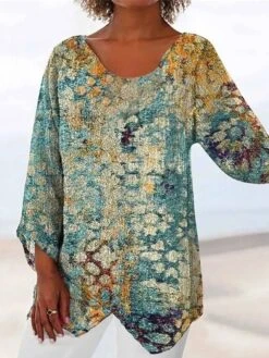 Women's Blouse Cotton Yellow Blue Purple Floral Striped Geometry Print Long Sleeve Daily Going Out Weekend Vintage Basic V Neck Regular Fit Spring Fall -Cheap Plus Fit Dress Store dirooa1660720484612