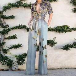 Jumpsuits For Women Summer Dressy Lace Up Floral Shirt Collar Elegant Daily Vacation Straight Regular Fit Short Sleeve Blue S M L Spring