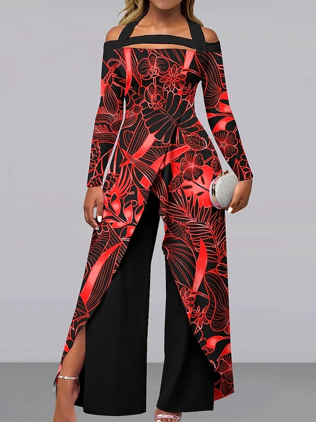 Women's Jumpsuit Print Floral Off Shoulder Elegant Wedding Party Wide Leg Regular Fit Long Sleeve Silver Red Blue S M L All Seasons 5 Women's Jumpsuit Print Floral Off Shoulder Elegant Wedding Party Wide Leg Regular Fit Long Sleeve Silver Red Blue S M L All Seasons - Image 5