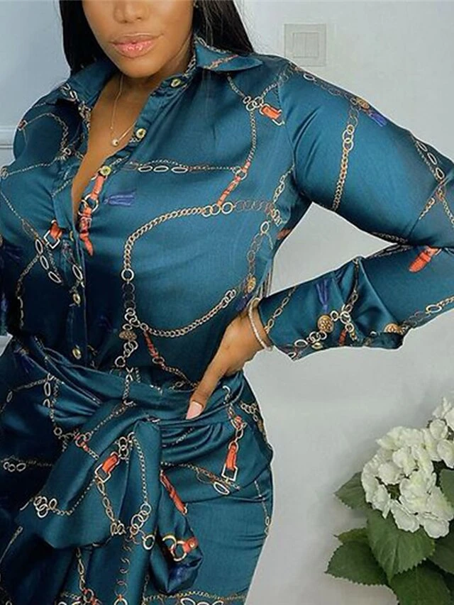 Women's Shirt Dress Sheath Dress Maxi Long Dress Winter Dress Daily Date Polyester Fashion Formal Shirt Collar Lace Up Button Long Sleeve Winter Fall Spring 2022 Slim Green Print S M L XL XXL 3 Women's Shirt Dress Sheath Dress Maxi Long Dress Winter Dress Daily Date Polyester Fashion Formal Shirt Collar Lace Up Button Long Sleeve Winter Fall Spring 2022 Slim Green Print S M L XL XXL - Image 3