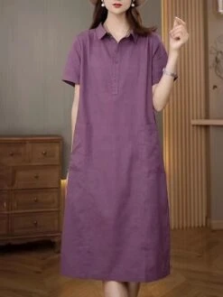 Women's Casual Dress Cotton Linen Dress Midi Dress Polyester Casual Daily Casual Outdoor Home Holiday Shirt Collar Pocket Short Sleeve Summer Spring 2023 Loose Fit Navy Blue Purple Brown Plain M L XL 32 Women's Casual Dress Cotton Linen Dress Midi Dress Polyester Casual Daily Casual Outdoor Home Holiday Shirt Collar Pocket Short Sleeve Summer Spring 2023 Loose Fit Navy Blue Purple Brown Plain M L XL -Cheap Plus Fit Dress Store djvijk1689763771249